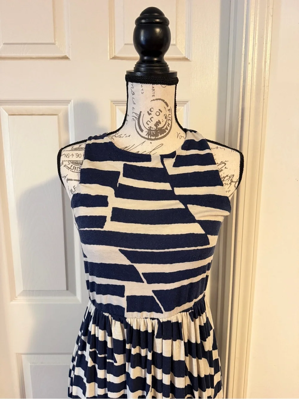 Anthropologie Navy and White Geometric Stripe Maxi Dress